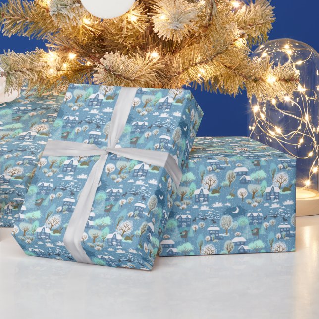 Cute Teal Blue Green Winter Season Snowy Landscape Wrapping Paper (Holidays)