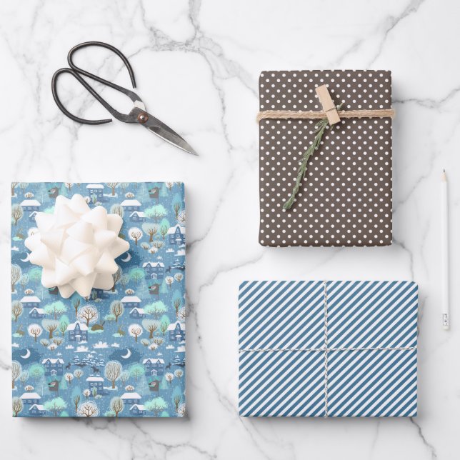 Cute Teal Blue Green Winter Season Snowy Landscape Wrapping Paper Sheet (Front)