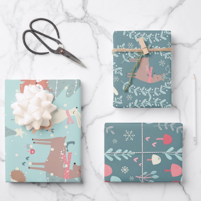 Cute Teal Blue Woodland Animal Christmas Wrapping Paper Sheet (Front)