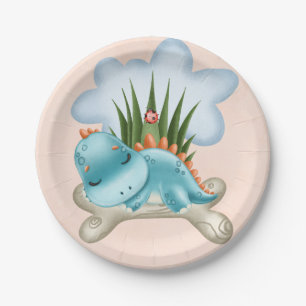 Cute Teal Burnt Orange Dinosaur Baby Shower Paper Plate