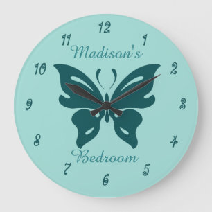 Cute Teal Butterfly Custom Girl's Bedroom Large Clock
