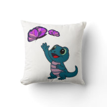 Cute Teal Cartoon Lizard Reaching for Butterflies