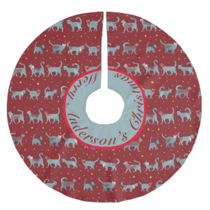 Cute Teal Cat Silhouettes in Christmas Personalise Brushed Polyester Tree Skirt