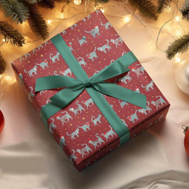 Cute Teal Cat Silhouettes in Christmas  Wrapping Paper (Creator Uploaded)