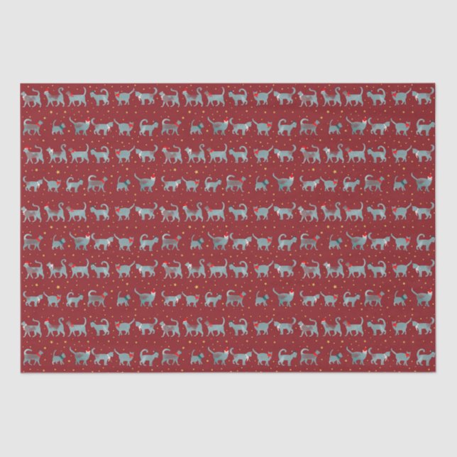 Cute Teal Cat Silhouettes in Santa Hats Christmas  Tissue Paper (Front)