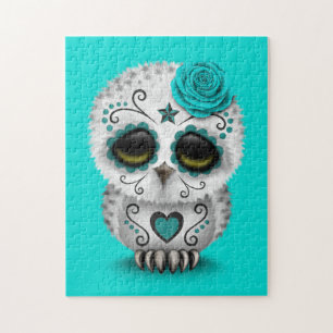 Cute Teal Day of the Dead Sugar Skull Owl Blue Jigsaw Puzzle