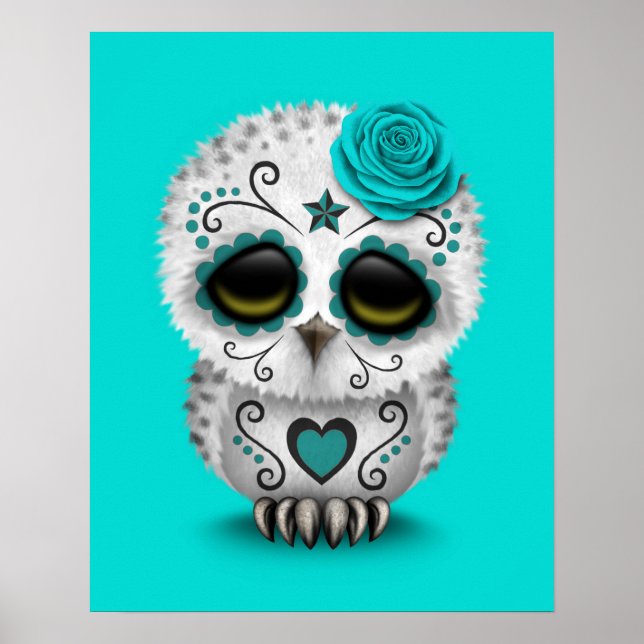 Cute Teal Day of the Dead Sugar Skull Owl Blue Poster (Front)