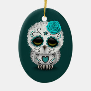 Cute Teal Day of the Dead Sugar Skull Owl Ceramic Tree Decoration