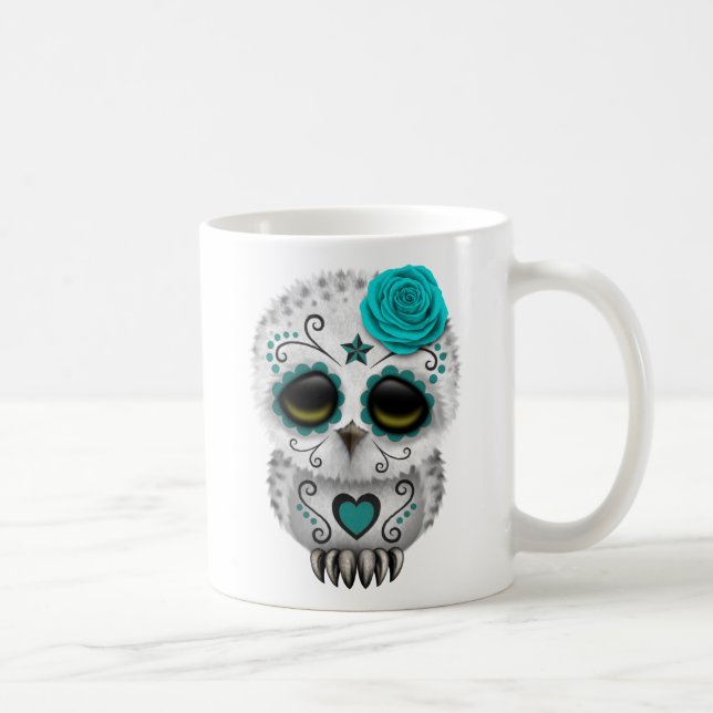 Cute Teal Day of the Dead Sugar Skull Owl Coffee Mug (Right)