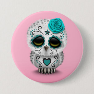 Cute Teal Day of the Dead Sugar Skull Owl Pink 7.5 Cm Round Badge