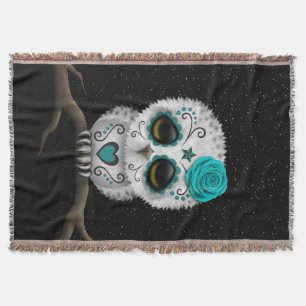 Cute Teal Day of the Dead Sugar Skull Owl Stars Throw Blanket