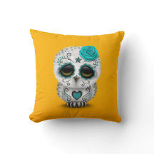 Cute Teal Day of the Dead Sugar Skull Owl Yellow