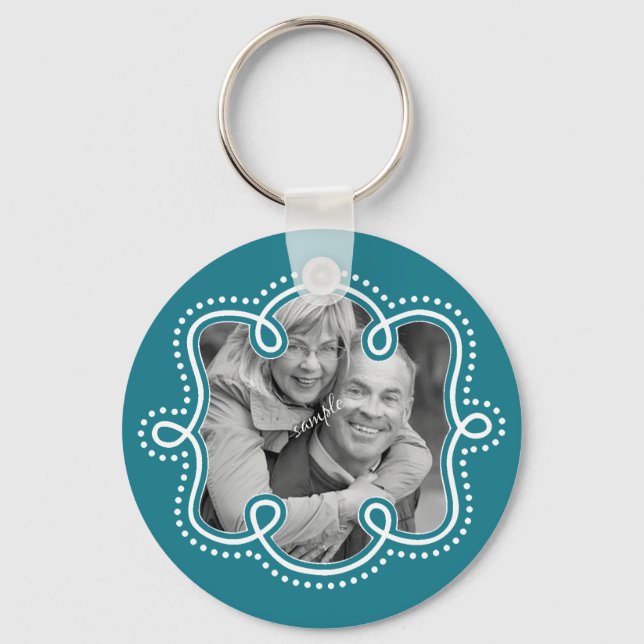 Cute Teal Doodle Framed Photo Key Ring (Front)