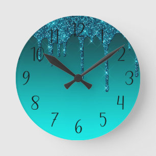 Cute Teal Dripping Glitter Round Clock