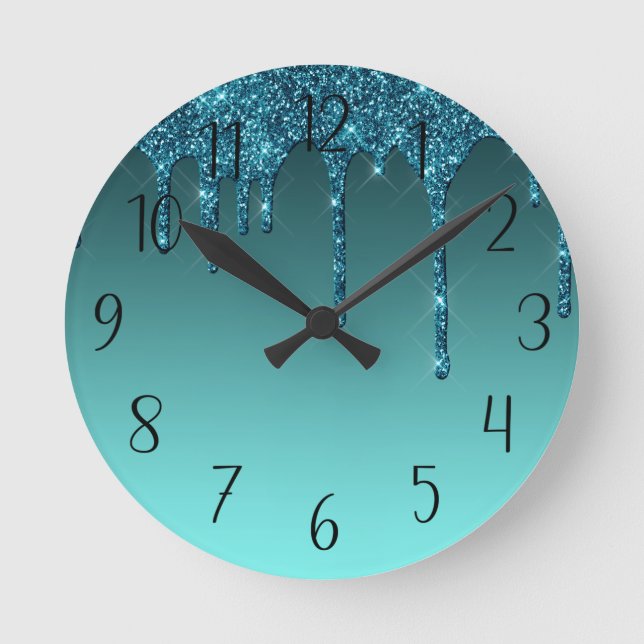 Cute Teal Dripping Glitter Round Clock (Front)