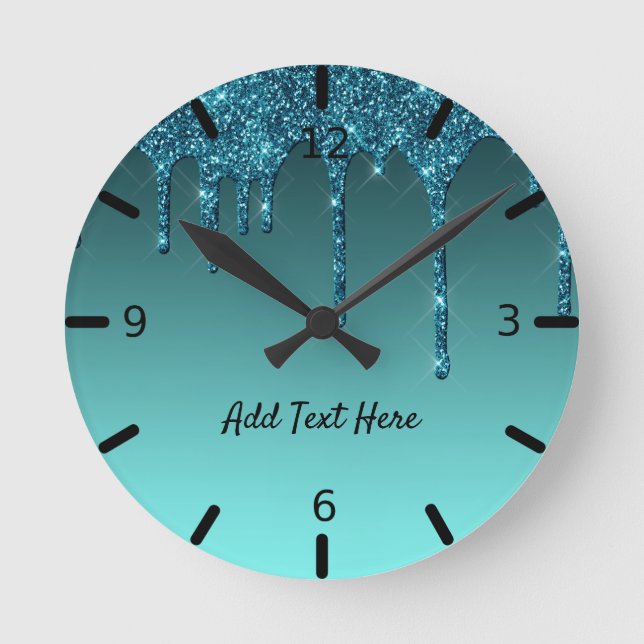 Cute Teal Dripping Glitter Round Clock (Front)