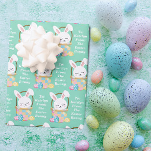 Cute Teal Easter Bunny Personalised Children's Wrapping Paper Sheet