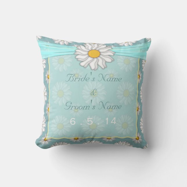 Cute Teal Floral Daisy Wedding Cushion (Front)