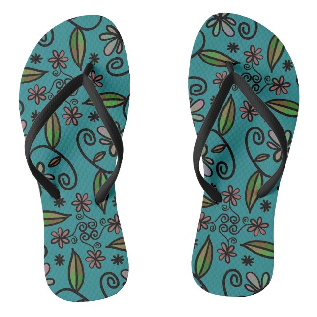 Cute Teal Floral Pattern Flip Flops (Footbed)