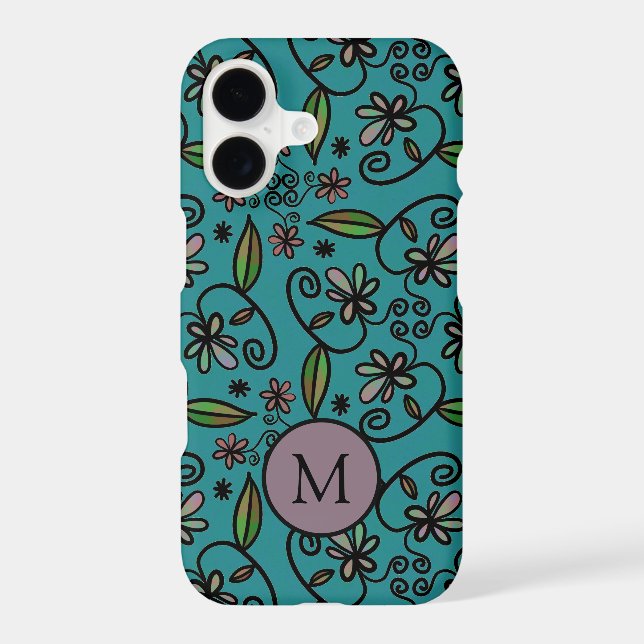 Cute Teal Floral Pattern Monogram (Back)