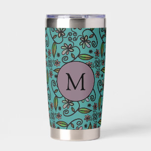 Cute Teal Floral Pattern Monogram Insulated Tumbler