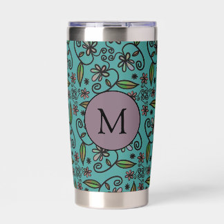 Cute Teal Floral Pattern Monogram Insulated Tumbler