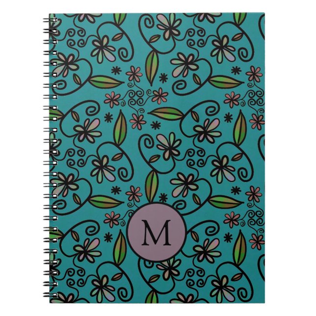 Cute Teal Floral Pattern Monogram Notebook (Front)