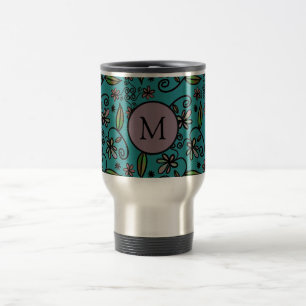 Cute Teal Floral Pattern Monogram Travel Mug