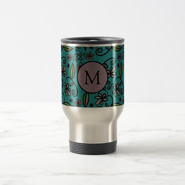 Cute Teal Floral Pattern Monogram Travel Mug (Center)