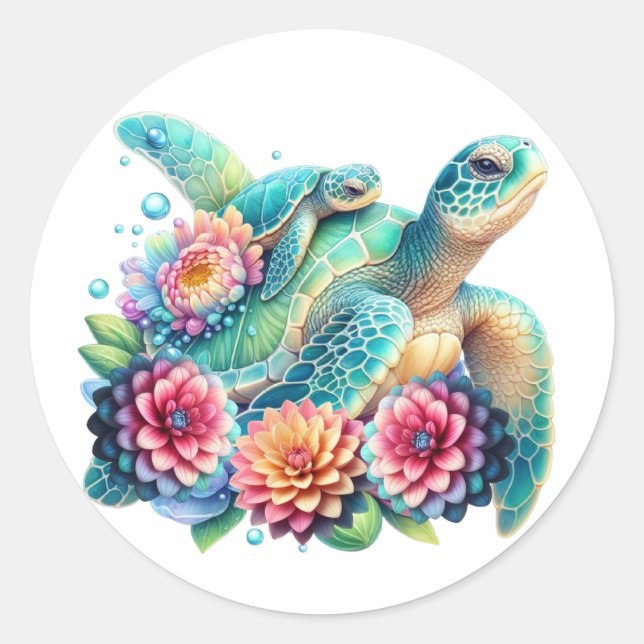 Cute Teal Floral Sea Turtle  Classic Round Sticker (Front)