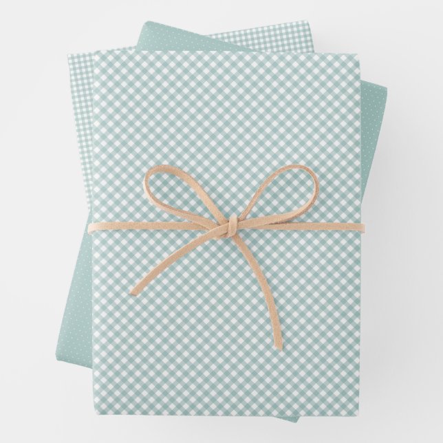 Cute teal gingham and dots simple classic wrapping paper sheet (In situ)
