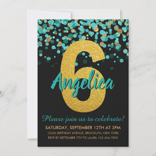 Cute Teal Gold Glitter Black Confetti 6th Birthday Invitation (Front)