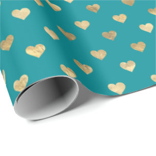 Cute Teal Gold Hearts Pattern Wrapping Paper