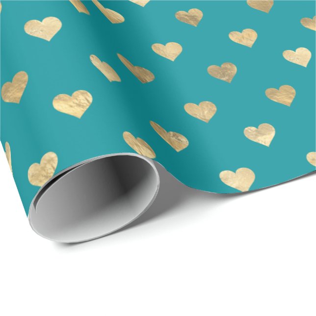 Cute Teal Gold Hearts Pattern Wrapping Paper (Roll Corner)