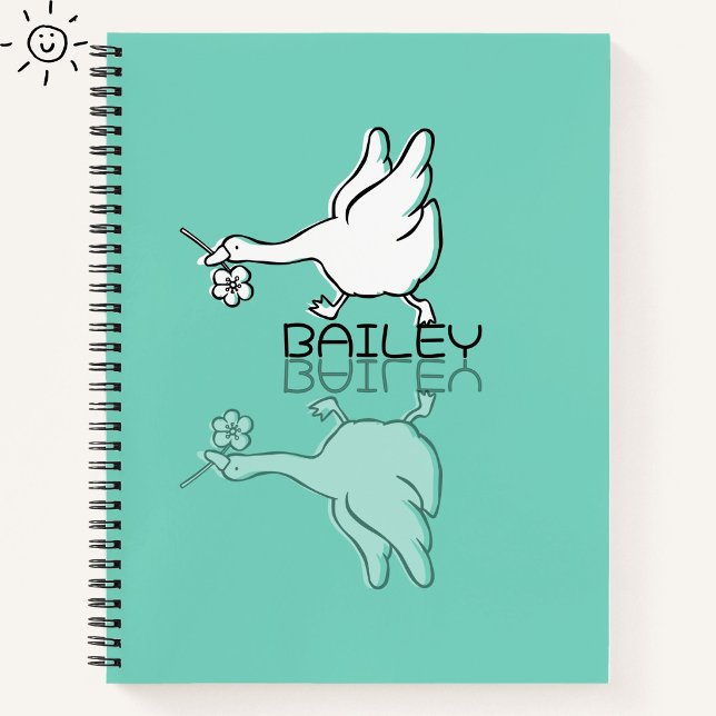 Cute Teal Goose Reflection Doodle Custom Name Notebook (Creator Uploaded)
