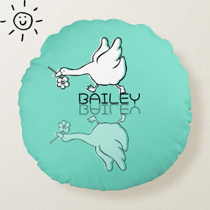 Cute Teal Goose Reflection Doodle Custom Name Round Cushion