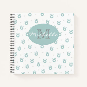 Cute Teal Green Cat Paws with Hearts Monogram Notebook