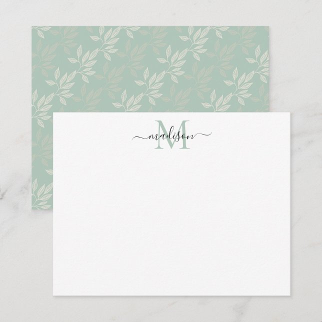 Cute Teal Green Floral Leaves Monogram Script Name Card (Front/Back)