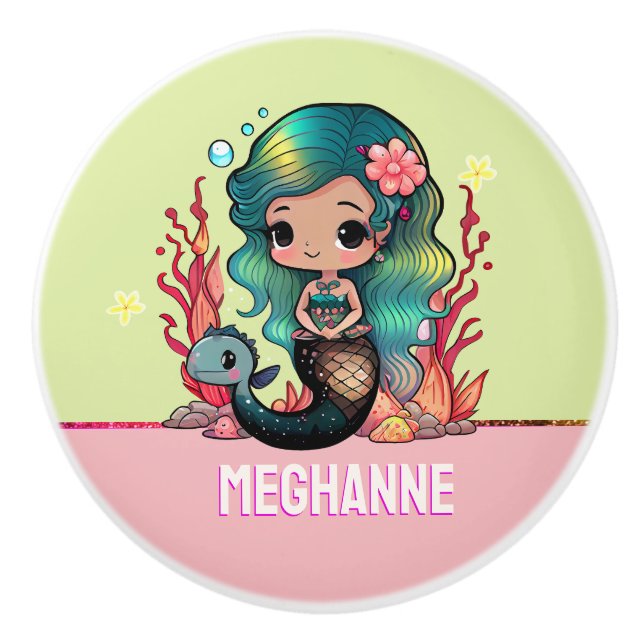 Cute teal hair Mermaid nursery style pink custom Ceramic Knob (Front)