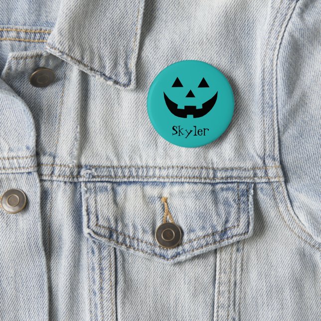 Cute teal Jack o lantern custom name Halloween 6 Cm Round Badge (In Situ)