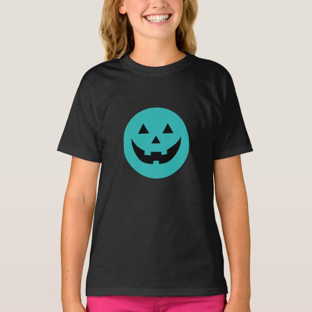 Cute teal Jack o lantern pumpkin face Halloween T-Shirt (Front)