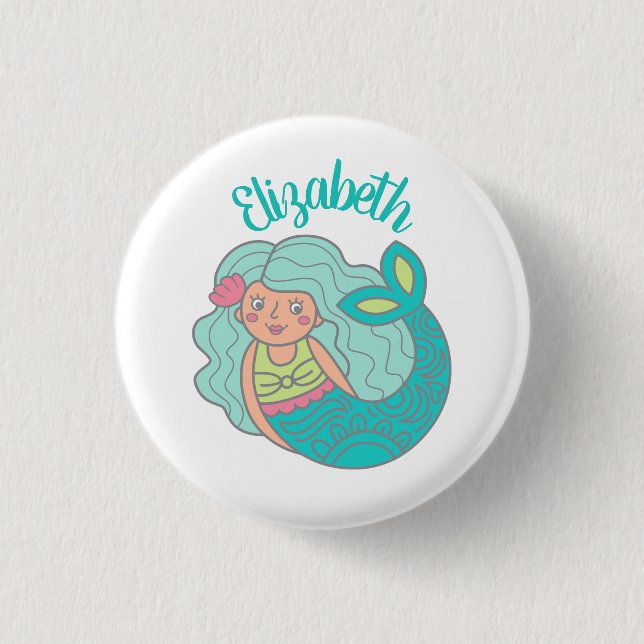 Cute Teal Magical Mermaid Personalised 3 Cm Round Badge (Front)