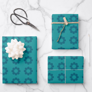 Cute Teal Mod Flower Shapes Pattern Wrapping Paper Sheet