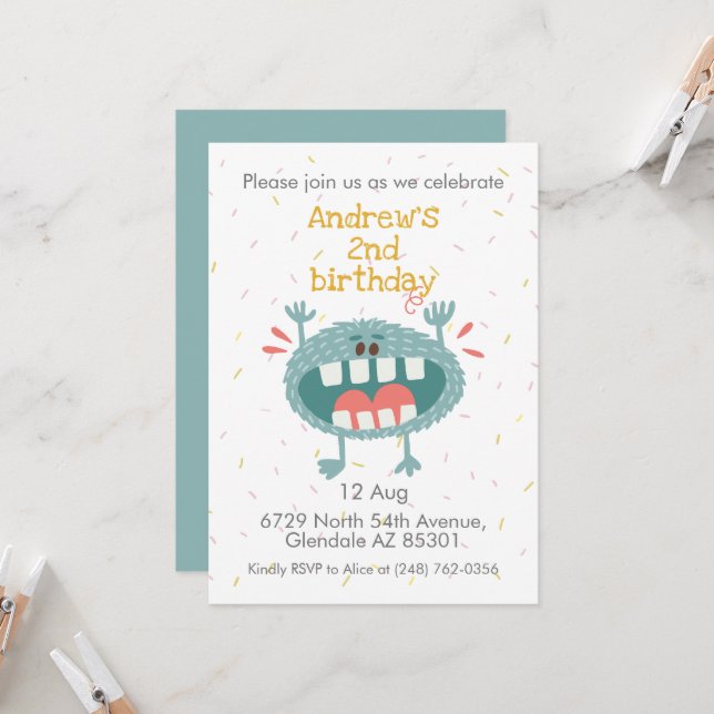 Cute Teal Monster Birthday Invitation (Front/Back In Situ)