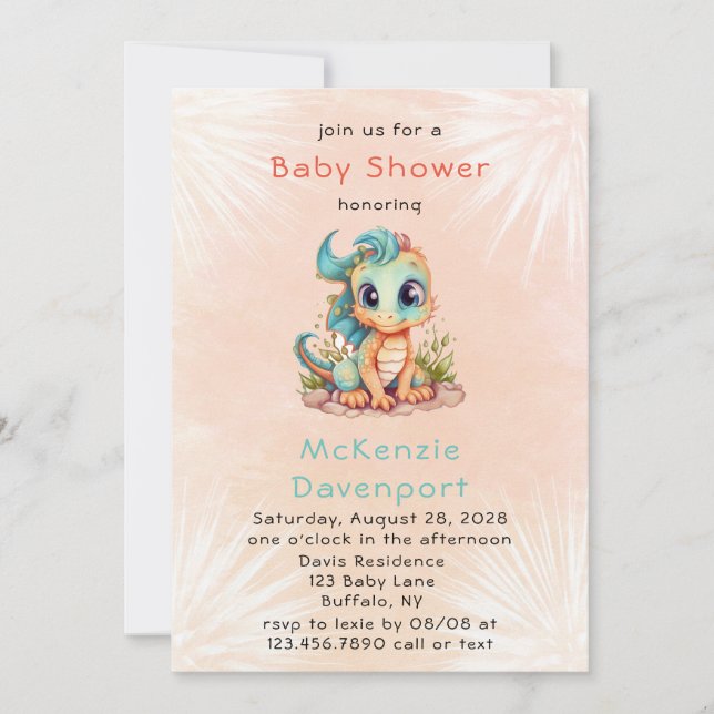 Cute Teal Orange Dragon Boy Baby Shower Invitation (Front)
