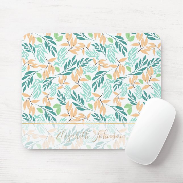 Cute Teal Orange Foliage Watercolor Paint Mouse Mat (With Mouse)
