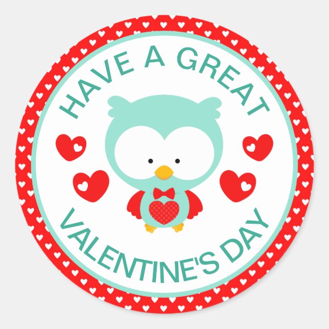 Cute Teal Owl and Hearts Valentine's Day Classic Round Sticker (Front)
