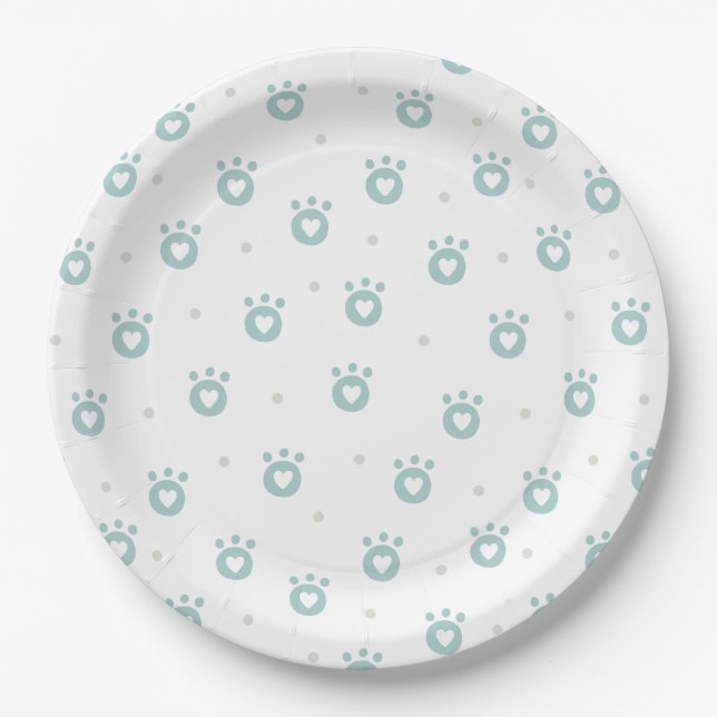 Cute Teal Pet Paws with Hearts | Kids Paper Plates (Front)