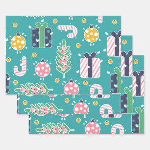 Cute Teal Pink and Yellow Christmas Items Wrapping Paper Sheet