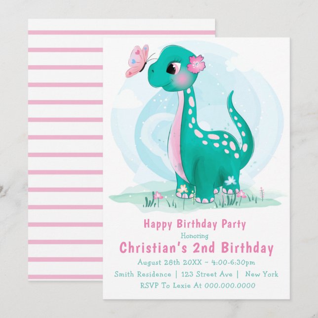 Cute Teal Pink Dinosaur 2nd Birthday Invitations  (Front/Back)